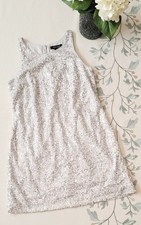 WHBM Sz 8 Silver & White Sequin Sparkle Shift Dress Sleeveless Knee Cocktail EUC