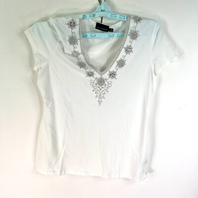The Limited Sequined V Neck Cotton Knit Top Jr's Size L White