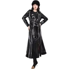 Abrigo gótico brillante de vinilo de trinchera para mujer PVC emo abrigo negro de cuero sintético de alta calidad