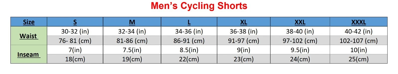 Bibtigt clothing size chart with waist, hip and inseam measurements