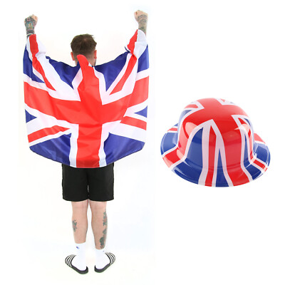 UNION JACK KUNSTSTOFF BOWLER HUT & TRAGBARE FLAGGE SET KOSTÜM VE DAY PARTY