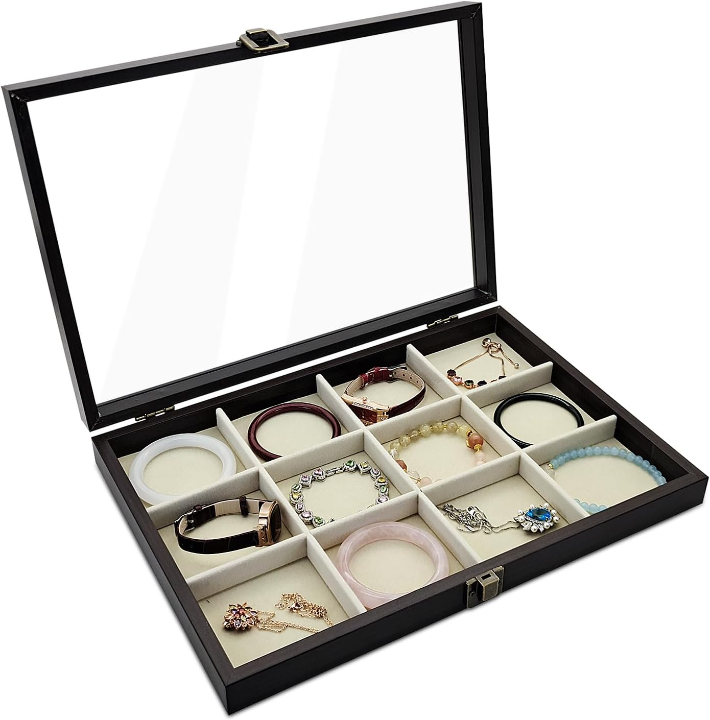 Wooden Jewelry Box with Glass Lid and 24-Grid Earring Organizer-image
