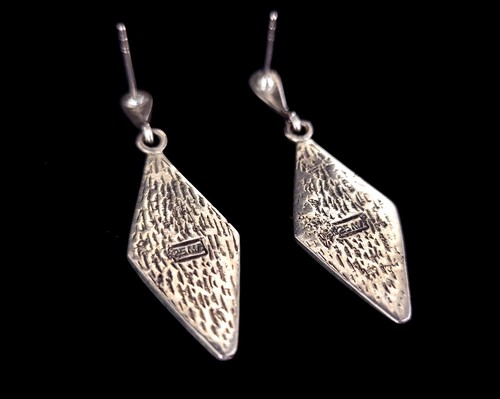 Deco Vintage Sterling Marcasite Argento Onice Nera Geometrico Goccia Orecchini - Foto 4 di 5
