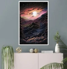 Vivid Moonlit Mountain Landscape Art Print, Starry Night Sky,