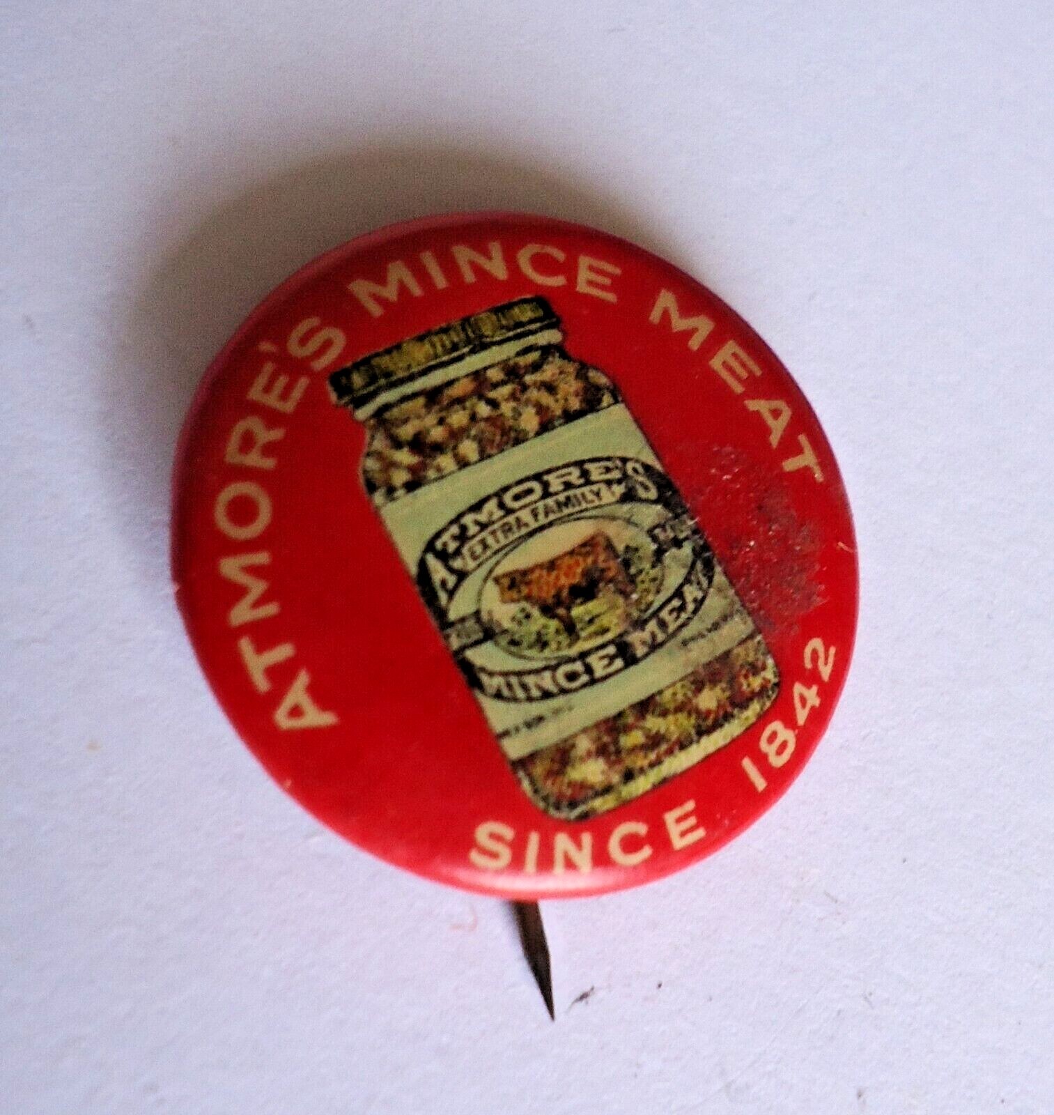 Button Meat Old 1930s Atmores Mince Meat Advertising Pinback Button Meat in Jar w ...