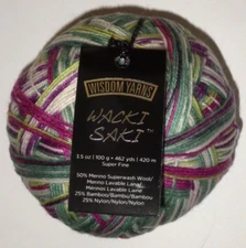 One Skein Wisdom Wacki Saki Sock Yarn, 100g, 462 yds, #3043 Zany Viney