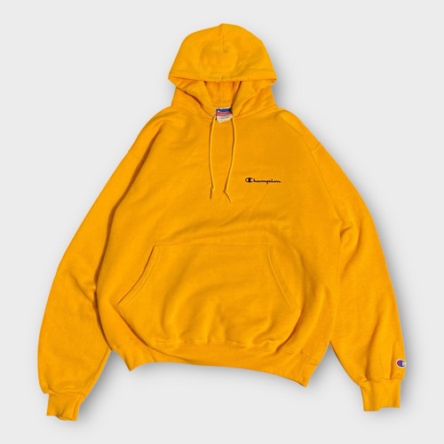 Champion Hoodie Mens Medium Yellow Sweater Pullover Fleece Logo Script Spell Out - 第 1/14 張圖片