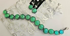 Handcrafted Fused Green Dichroic Glass Cabochon Bracelet with Bonus Earrings