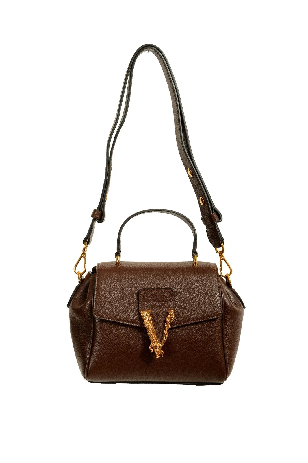 Versace — Versace Women's Brown Grainy Leather Gold V Logo Satchel Handbag Shoulder Bag