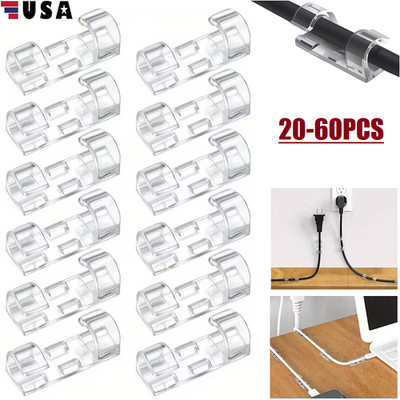 60Pcs Cable Clips Self-Adhesive Tie Cord Management Wire Holder Organizer Clamp