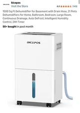 Bicepos BP01 Dehumidifier 1500 sq.ft 21 Pints for Home Basement Large Room White