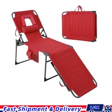 Folding Sun Lounger Reclining Chair w/ Pillow Reading Hole & Side Pocket, Red