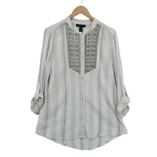Style&co. Women's White & Gray Striped Roll Tab Sleeve Button Front Shirt Size M