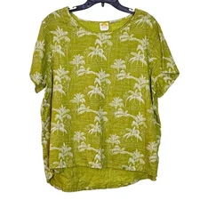 C&C California Linen Palm Tree Print Green Short Sleeve Top Blouse Women's 1X