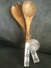 CROFTON ENAMEL BLUE WHITE SALAD SERVERS - NEW WITH TAGS 