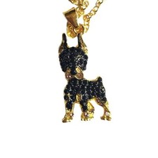 Gold Tone Round Black Pav  Crystal Doberman Pendant 20"