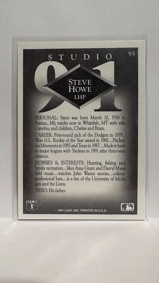 #93 Steve Howe New York Yankees 1991 Studio Baseball Card - Image 2 of 2