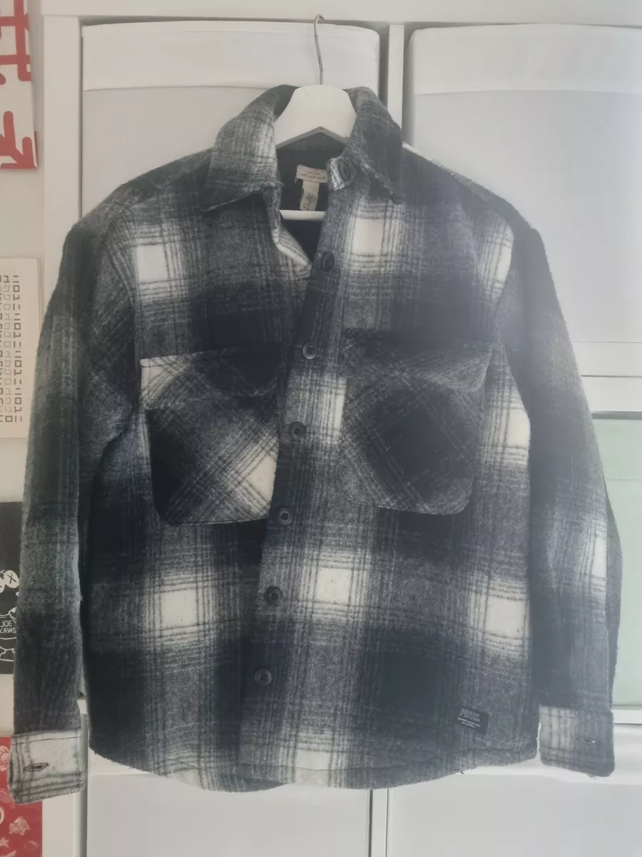 Womens Cute Pull Bear Black Plaid Lumberjack Shirt Shacket Jacket Size XS