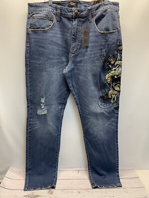 Ed Hardy Slim Fit Jeans Mens Size 38 X 31 Embroidered Panther Snake New W Tags