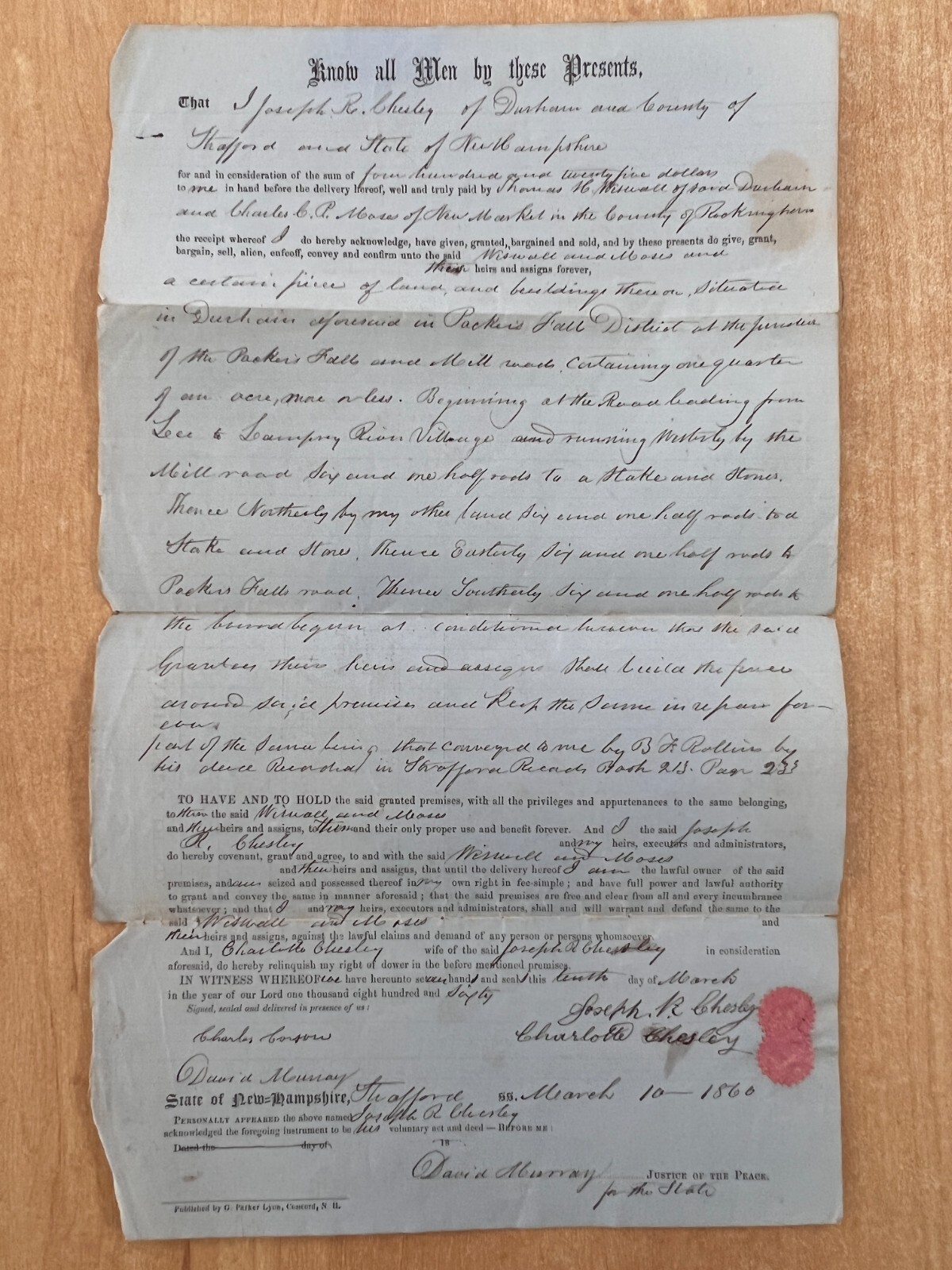 1860 Land Deed DURHAM New Hampshire NH Joseph Chesley to Charles Moses