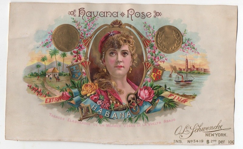  Beautiful 1890s Schwencke NY Sample Inner Cigar Label " Havana Rose "