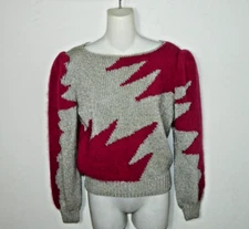 Sheila Raymond Sweater Vintage Gray Pink Abstract Angora Puffy Shoulder Small