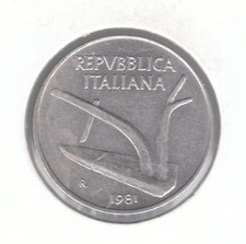Moneta Italia 10 Lire 1981 Alluminio - Aratro e Orecchie di Grano