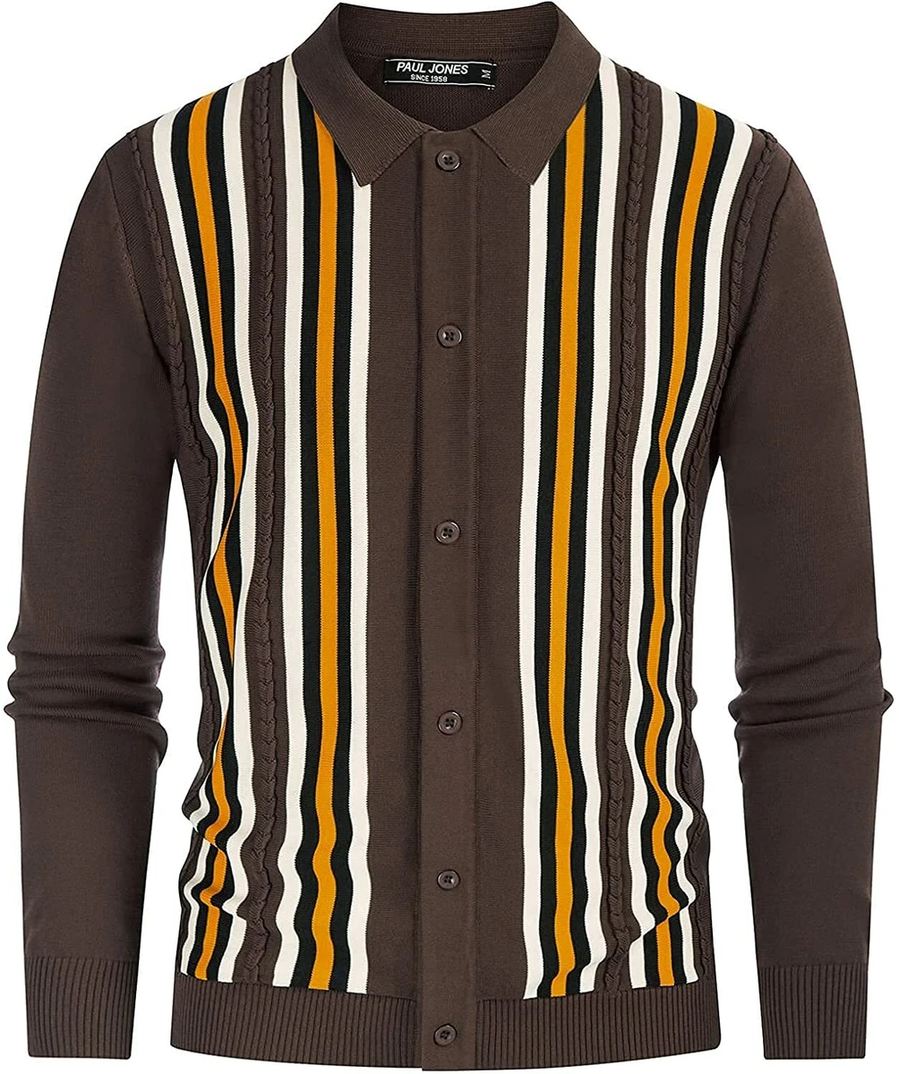 Mens Vintage Striped Cardigan Sweater Long and Short Sleeve Knitted Polo Shirt