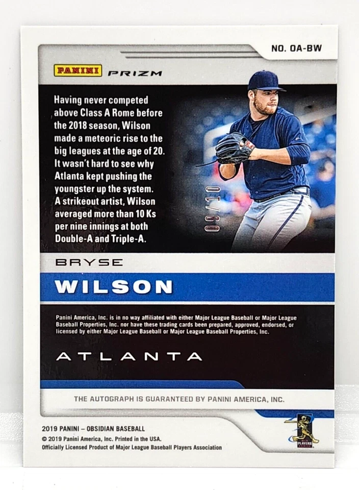 BRYSE WILSON /10 PRIZM AUTO ~ 2019 PANINI OBSIDIAN #OA-BW BRAVES PIRATES BREWERS - Image 2 of 2