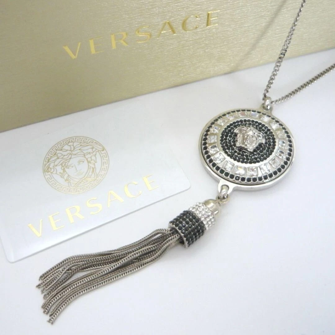 Collana VERSACE Nero Strass Chiari Medusa TestaFringe Ciondolo Metallo Argento