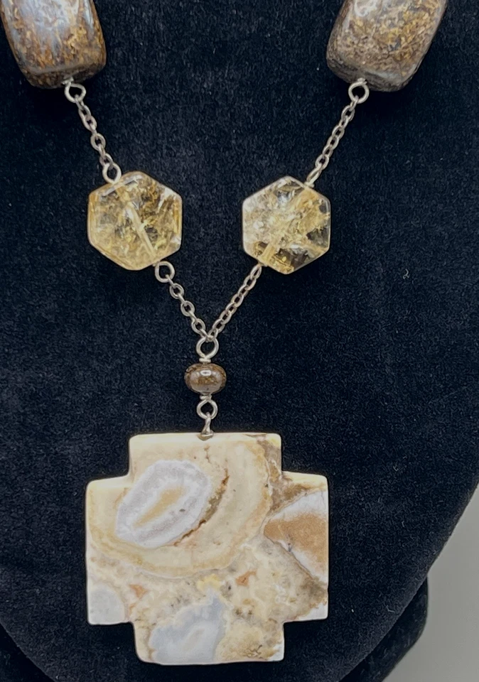 Vintage Handcrafted Natural Stone Cross Pendant Necklace Sterling Silver Chain - Image 2 of 4