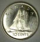 1964 Canada Silver 10c Canadian 10 Cents Coin AU Lightly Toned