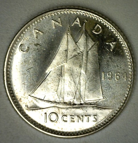 1964 Canada Silver 10c Canadian 10 Cents Coin AU Lightly Toned