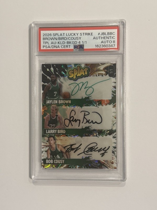 Wild Card 2026 Splat  TRI AUTO Jaylen Brown Larry Bird Bob Cousy Auto 1/1 PSA 8