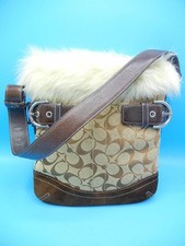 New without Tags COACH Signature Brown Canvas Shearling Trim Shoulder Bag Purse