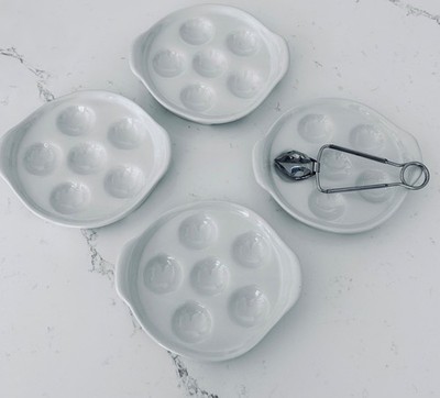 4 Pack Ceramic Escargot Plates w/ 6 Holes & Handles 6.5'' Seafood Mushrooms Snail