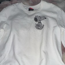 Peanuts Snoopy Graphic Embroidered Fleece Cotton Crewneck Pullover Sweatshirt L