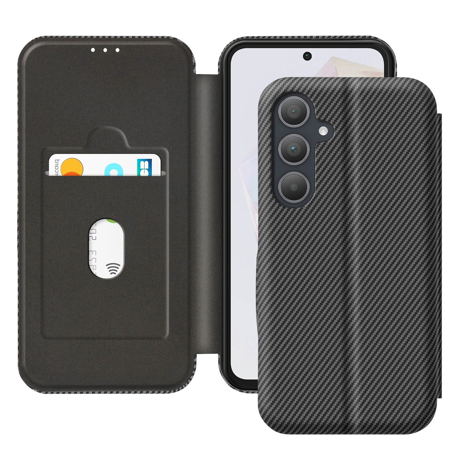 Housse cuir Galaxy A35 avec porte-carte anti-scanning finition premium marine