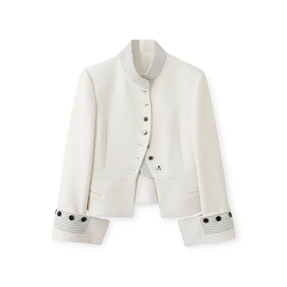 Blazer Chaqueta Recortada Hecha a Mano Blanca de Inspiración Militar Cuello a Rayas Talla S,M,L Foto 3 de 4