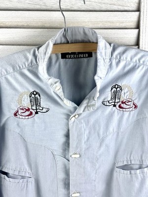 Vintage Ozono Western Cowboy Men s Shirt Medium Light Blue Bone Loop Button Up