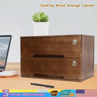 2-tier Wooden Desktop Storage Box W/Lockable Drawers Walnut Flat File Cabinet