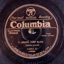 Columbia 14291D Lewis Black GRAVEL CAMP BLUES 78rpm HEAR Memphis/Delta 1927