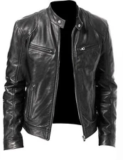 Cafe Racer Biker Leather Jacket  Black & Brown Soft Sheep Skin Leather 