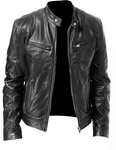 Cafe Racer Biker Leather Jacket  Black & Brown Soft Sheep Skin Leather  - product listing photo