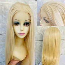 Extra Long Straight Lace Front Human Hair Blend Heat Ok Wig 613 Soft Natural