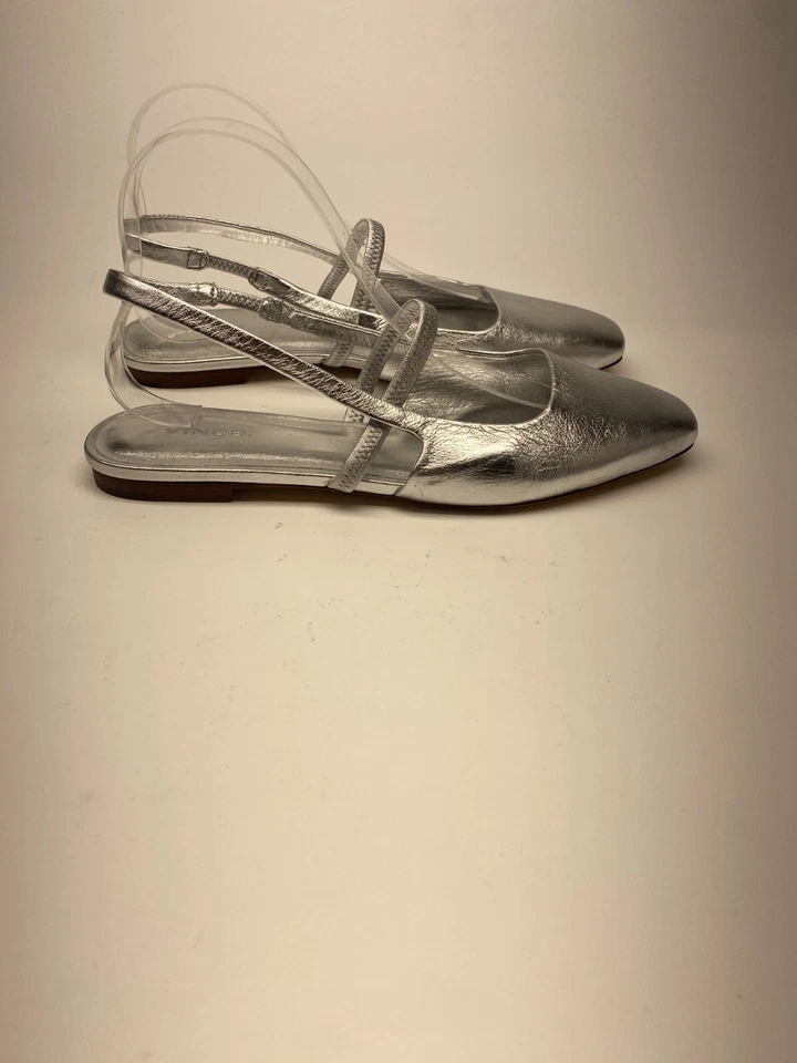 Vince Mujer Metálico Plateado Puntera Cuadrada Cuero Correas Planas Talla 9 Foto 4 de 4