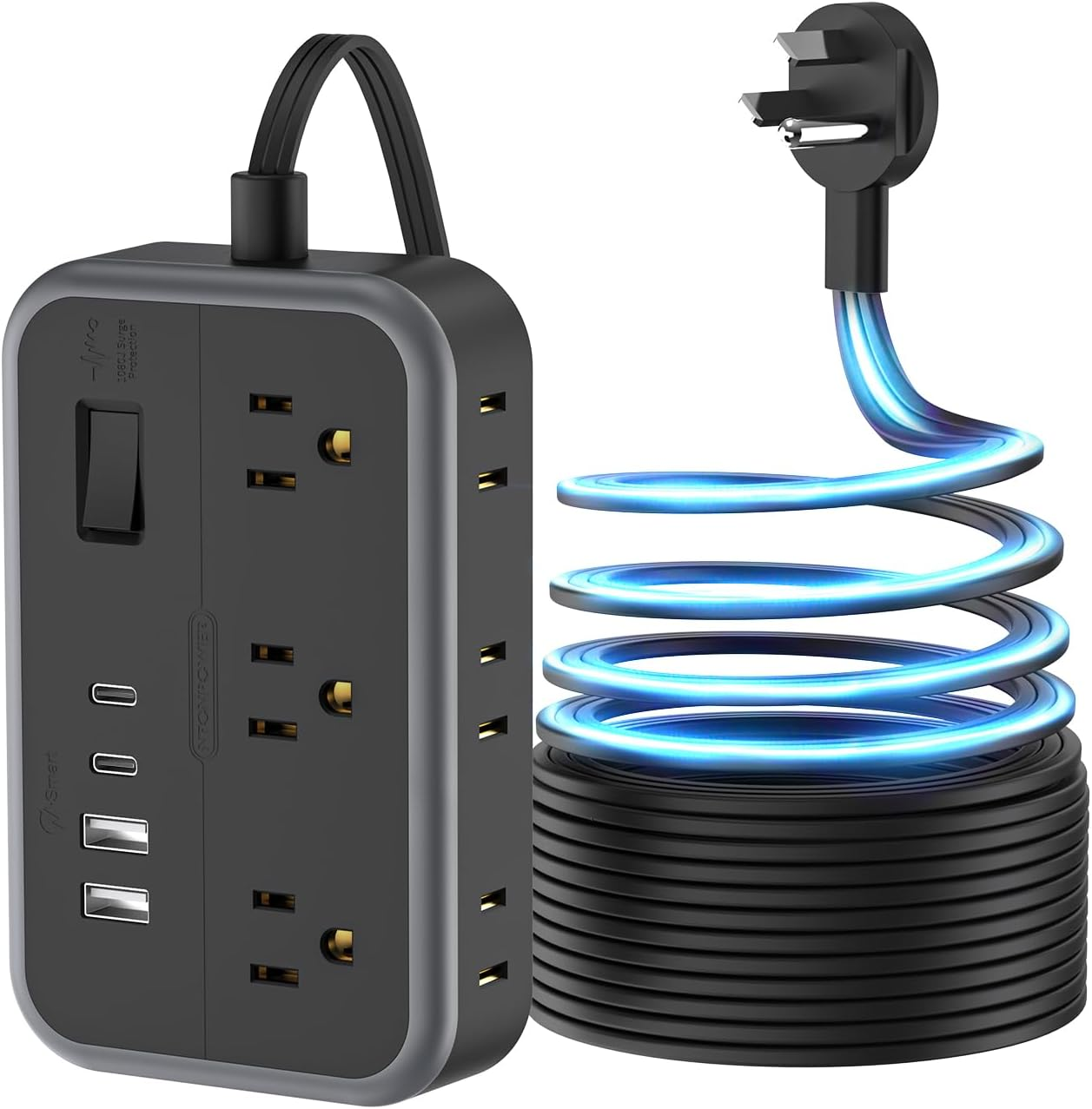 Extension Cord, w/ Multiple Outlets, Flat Plug Power Strip, w/ 4 USB Ports, New-image