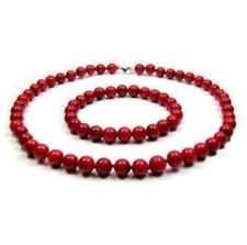 7-7.5mm Natural Sea Red Coral Round Gem Beads Bracelet 7.5" Necklace 18" Set AAA