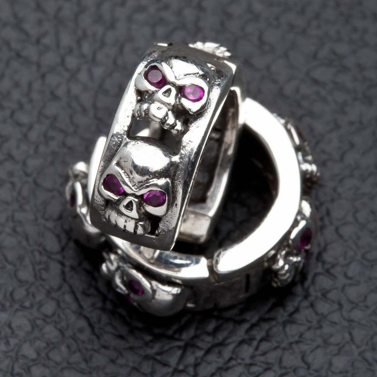 Red Ruby Eyes Skull 925 Sterling Silver Hoop Mens Earrings