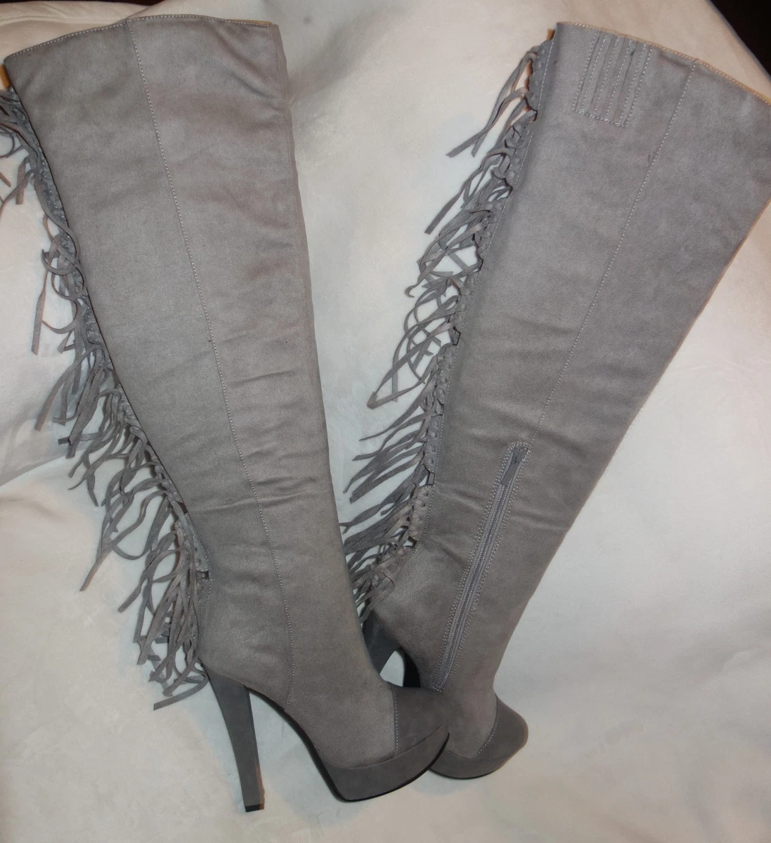 Michael Antonio Fringe hemet Grey Suede Boots over the knee new sz 7